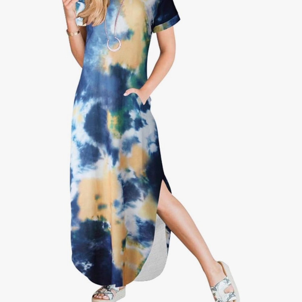 Tie-Dye Short Sleeve Maxi Dress in Navy, Orange & White - Picture 3 of 4